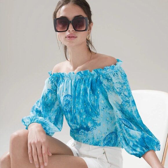 White House Black Market Tops - White House Black Market Off the Shoulder Clip-Dot Blouse